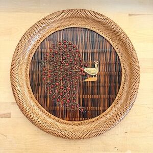 Vintage 70s Wicker Peacock Wall Hanging 14" - Boho Rattan & Cane Folk Art